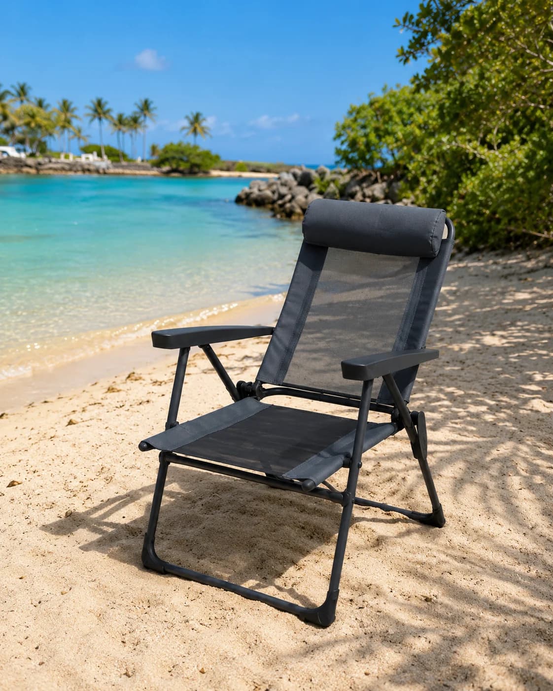 Fauteuil Premium anthracite inclinable avec appuie-tête sur la plage