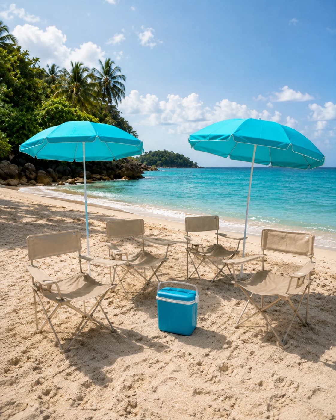 Pack Famille Confort avec quatre chaises XL, deux parasols turquoise et une glacière bleue