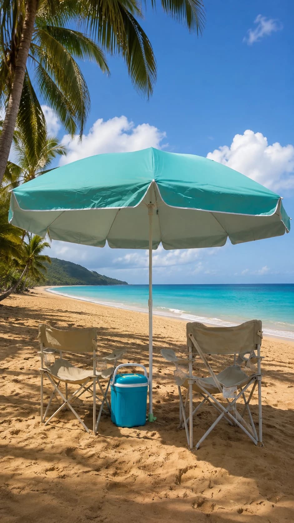 Pack Confort Duo avec deux chaises XL beige, un parasol turquoise et une glacière bleue sur la plage